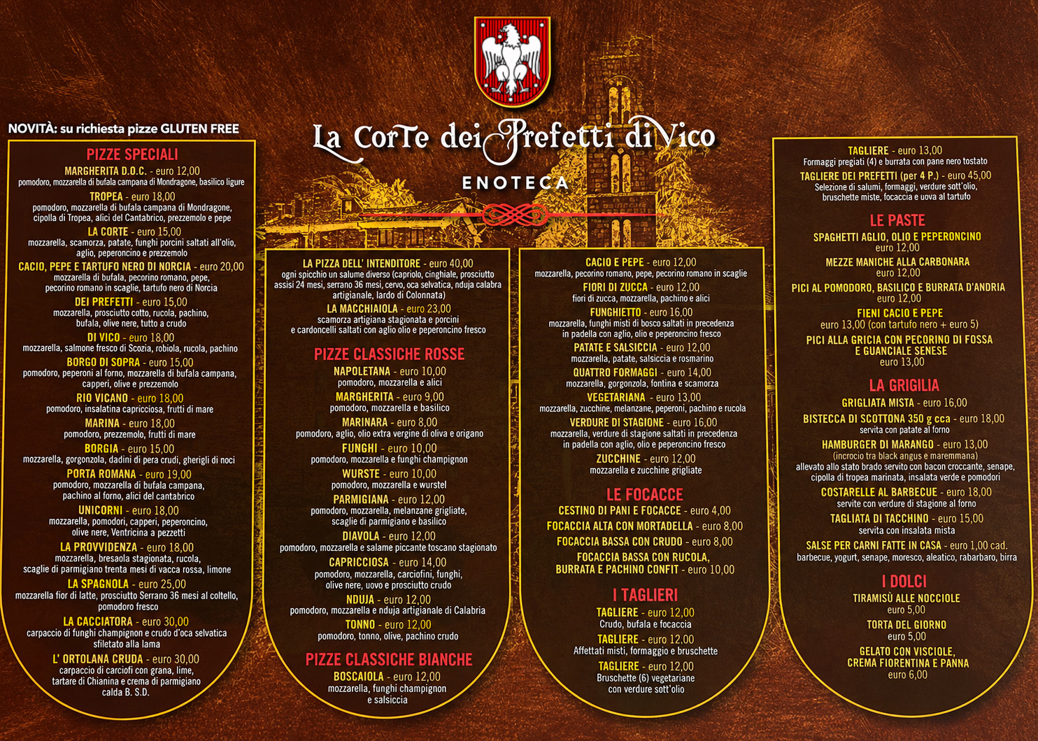 Menù originale Enoteca La Corte dei Prefetti di Vico: pizze, focacce, taglieri, paste, griglia e dolci con prezzi